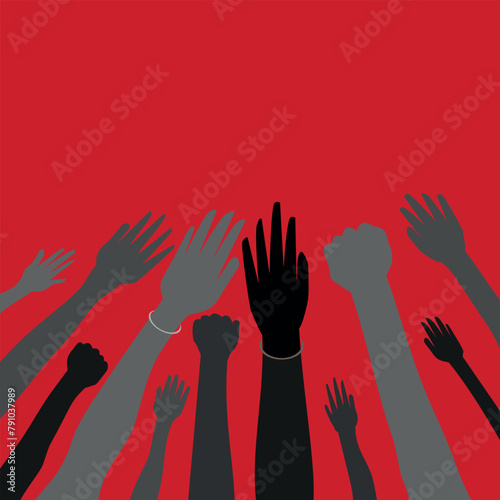 Fist protests hands, power and revolution fight, vector rebel victory symbol. Protesters raised hand fists background for manifestation, vote riot or freedom struggle, solidarity and social rights.