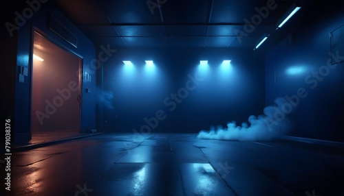 A dark empty street, dark blue background, an empty dark scene, neon light, spotlights The asphalt floor and studio room with smoke float up the interior texture. night view.