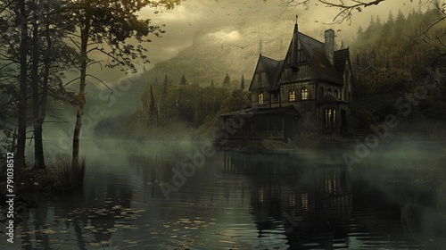 Nestled amidst towering trees, lay a tranquil lake shrouded in an eerie silence. Legends whispered of a restless spirit that roamed its misty shores, haunting the souls of those who dared to trespass. photo
