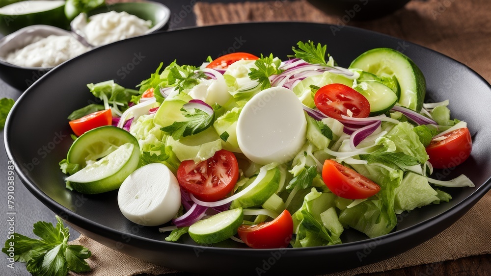 Salad with mozzarella, coleslaw, small onions, lettuce, tomatoes, cucumbers and light dressing.