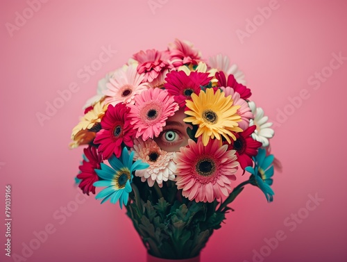 Bouquet of flowers with an eye peaking from the inside. Jealousy, stalking conceptual background.