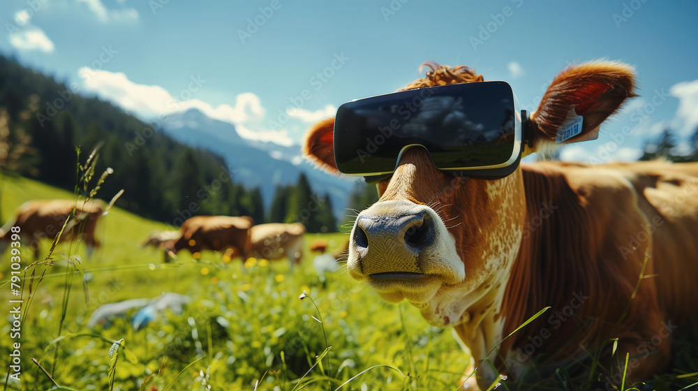 Obraz premium Immersed in Nature: Cow with VR Gear. Generative AI