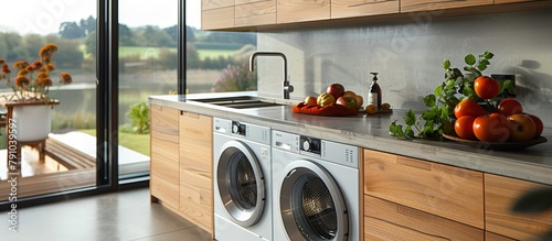 Integrated Appliances: Choose integrated washer and dryer units for a seamless --ar 16:7 --stylize 750 Job ID: d52826dc-87c6-4130-80b8-fe9fbb65c3a9