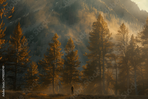 Capture a moment of stillness in nature, with a person standing amidst tall trees or mountains, bathed in soft golden light, evoking a sense of spiritual interconnectedness with th