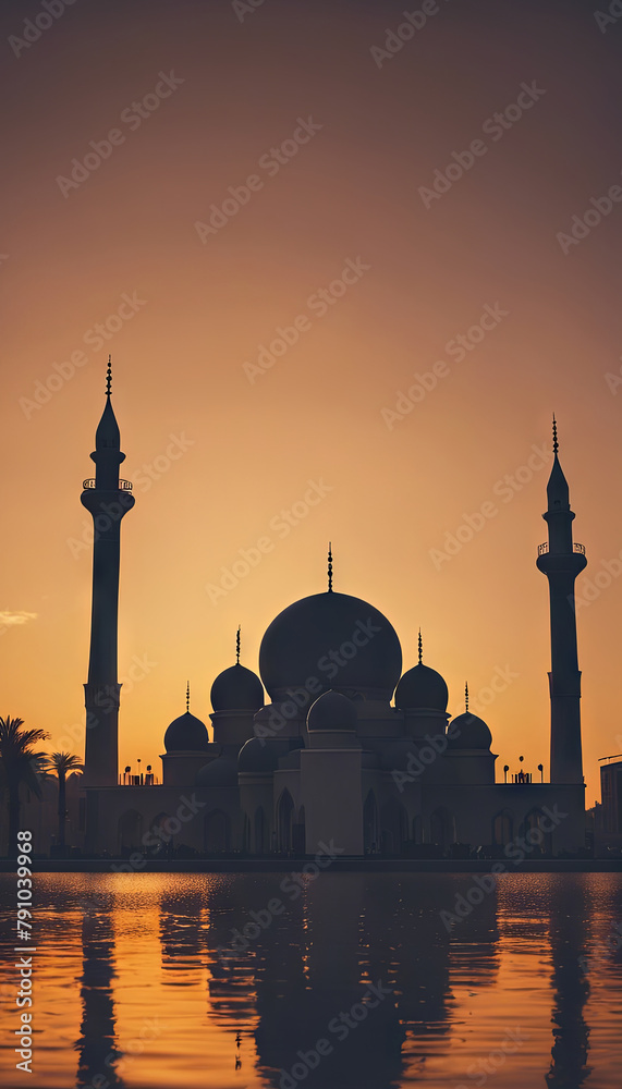 Silhouette of Mosque Building With Sunset for Eid Background