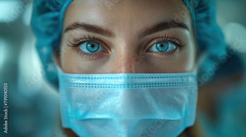 A close-up of a person wearing surgical attire and a face mask, focusing on their bright blue eyes.