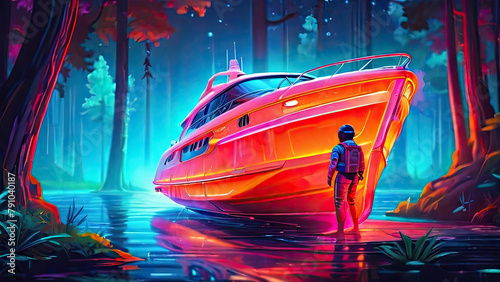 A man in a spacesuit stands in front of a large ship with an orange glow. Fabulous fantastic landscape in neon shades photo