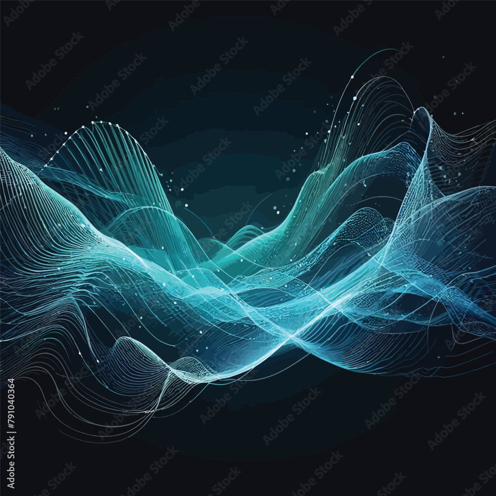 Vector abstract light lines wavy flowing dynamic in blue green purple ...