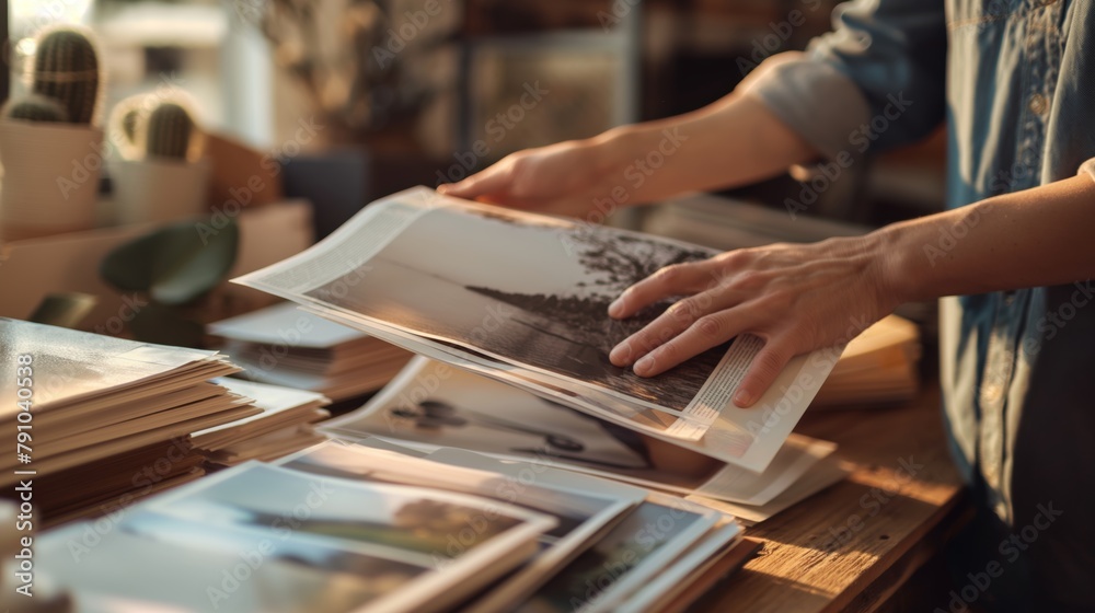 Person Sorting Through Printed Photographs in Sunlit Room Person Sorting Through Printed Photographs in Sunlit Room