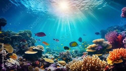 Underwater panorama of a tropical coral reef with fish and sunlight © Iman