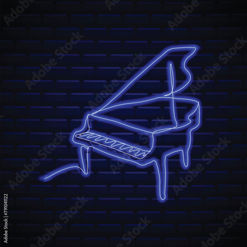 Piano icon. Neon design. Music sign. Line Art.  Vector illustration. Logo design template. One single line drawing. Modern classical music instruments concept. Hand drawn minimalistic style. Neon art.