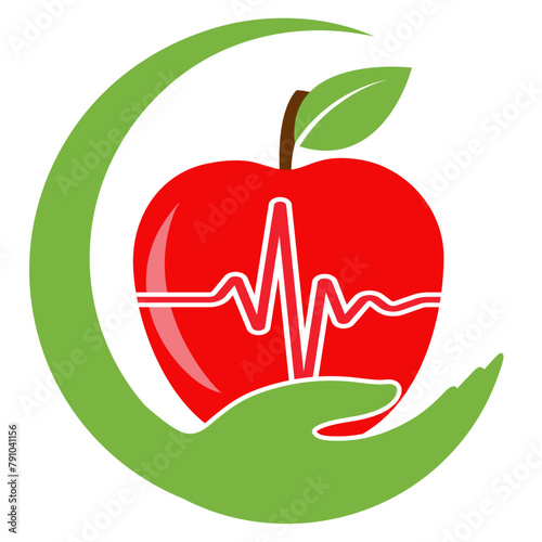 Illustration of red apple with cardiogram on white background.