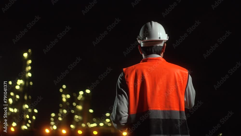Handsome engineer man inspection discussion with tablet walking front of oil refinery factory at night. Engineer Walking at factory building construction on industrial estate. Handsome engineer man inspection discussion with tablet walking front of oil refinery factory at night. Engineer Walking at factory building construction on industrial estate.
