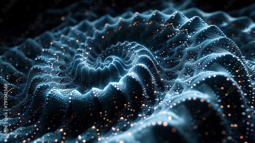 Fototapeta premium A digital 3D wavy mesh landscape with glowing particles.