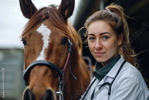 Female veterinarian with a horse showcasing care and companionship.