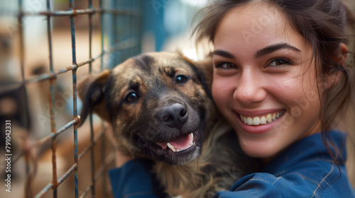 Joyful female volunteer cuddling a dog at an animal shelter. photo