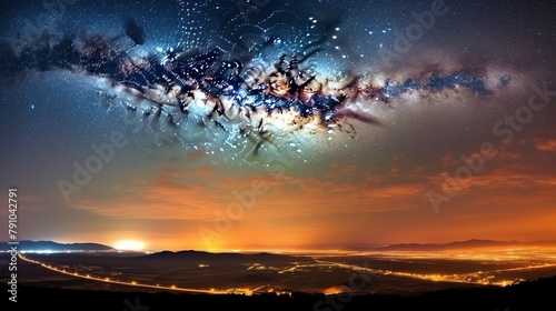 Fantasy landscape with starry sky and clouds.