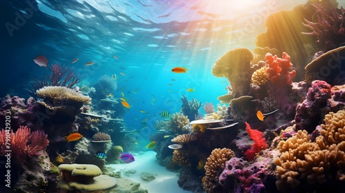 Wonderful underwater world with corals and tropical fish. 3d rendering