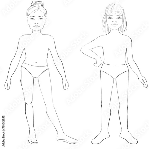 Fashion templates Croquis A girl aged 4-6 years old The pattern for drawing fashion designs A figure of a child on a white background	