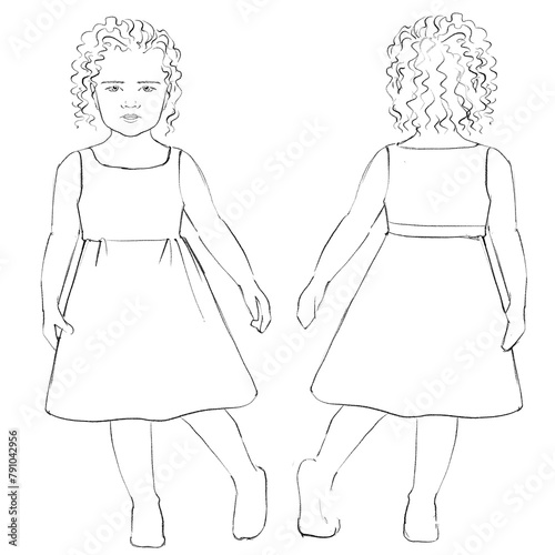 Fashion templates Croquis A girl aged 4-6 years old The pattern for drawing fashion designs Front and back view A figure of a child on a white background	