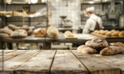 Bustling artisan bakery kitchen with focus on foreground wooden countertop, blurred baker at work in background amidst warm, rustic atmosphere - AI generated