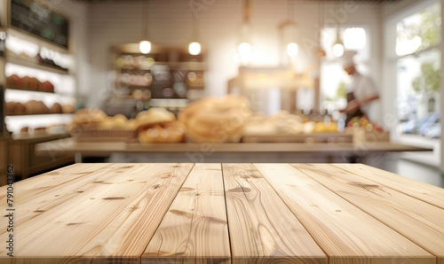 Bustling artisan bakery kitchen with focus on foreground wooden countertop, blurred baker at work in background amidst warm, rustic atmosphere - AI generated