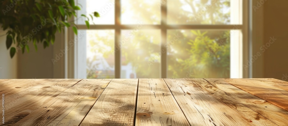 A light wooden textured table against a blurred summer window background. - obrazy, fototapety, plakaty 
