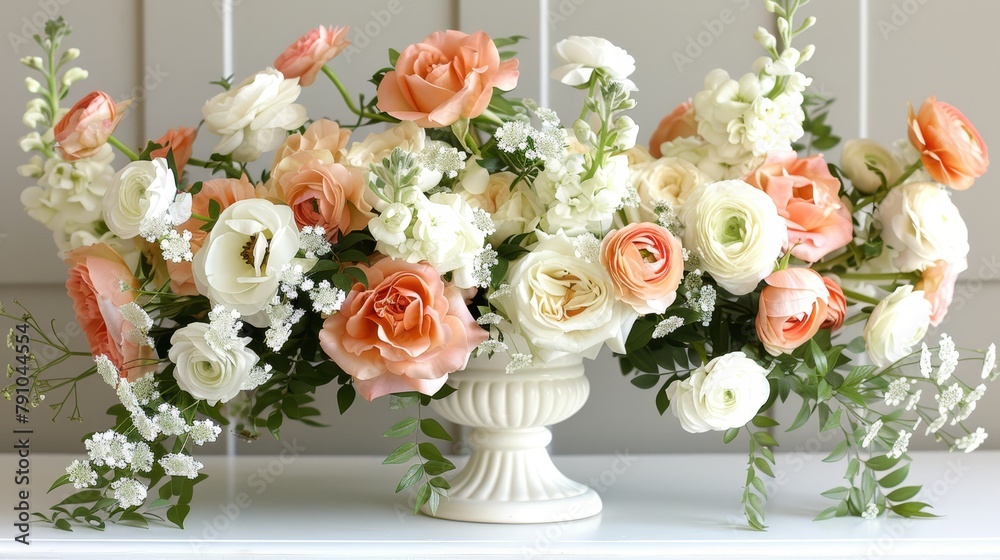 Obraz premium Two identical white vases, each brimming with an abundance of white and orange blossoms
