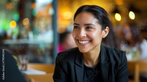 Joyful Hispanic Woman in Chic Business Attire at Informal Coffee Shop Interview