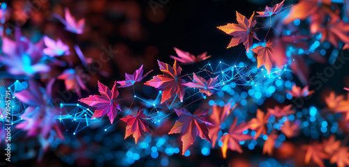 A cascade of low poly neon leaves, illustrating the data flow through the networks of digital forests