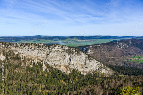 Creux du Van, Val-de-Travers, Noiraigue, Felsenarena, Felsen, Wanderweg, Aussichtspunkt, Panorama, Areuse-Schlucht, Neuenburg, Waadt, Jura, Frühling, Schweiz photo