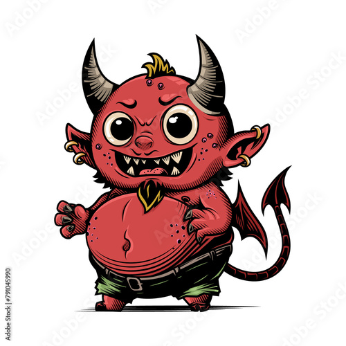 Cute little devil. Vector illustration in engraving technique of small silly devil monster with funny face.
