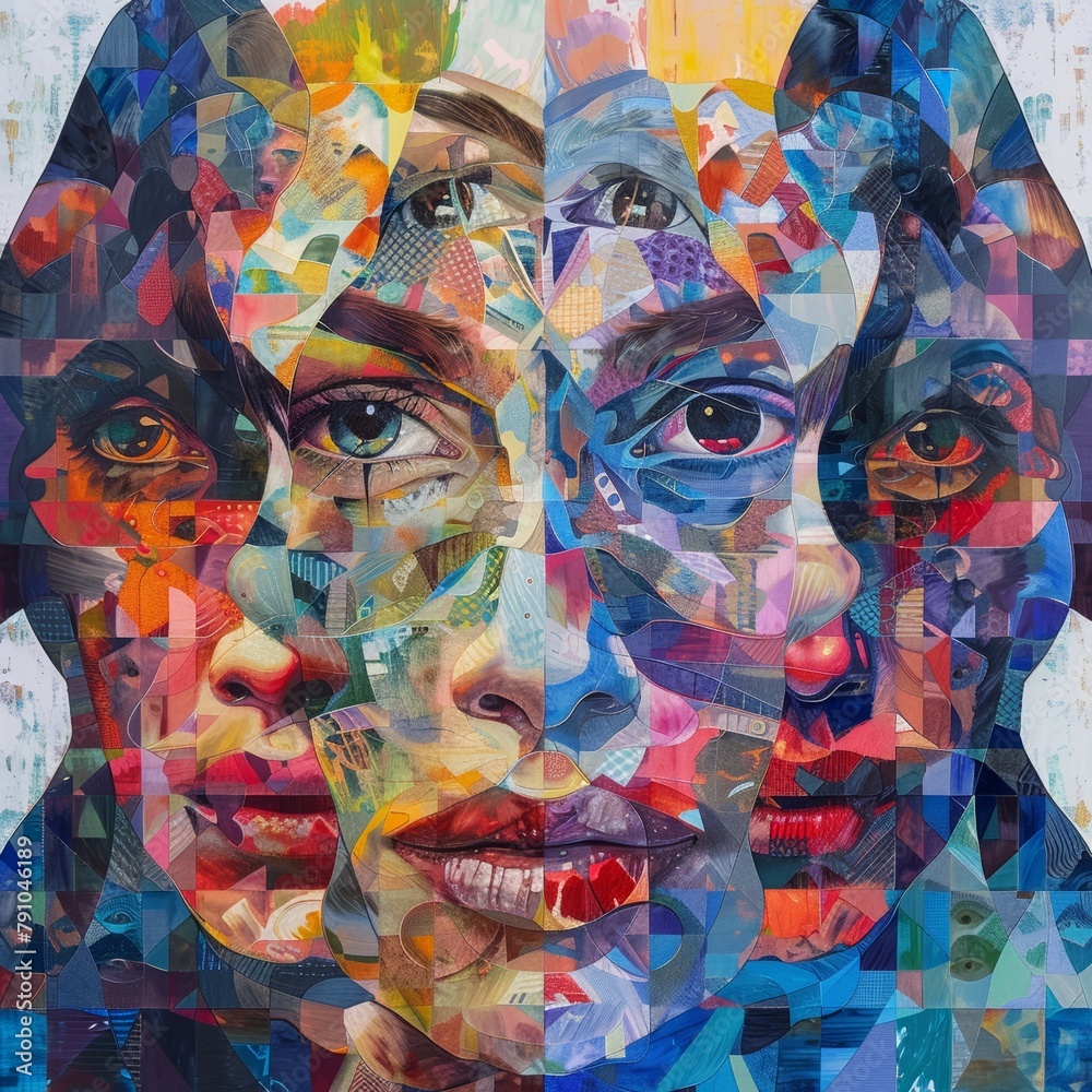 Abstract portrait series of faces from various ethnicities, blending into a kaleidoscope of colors and patterns