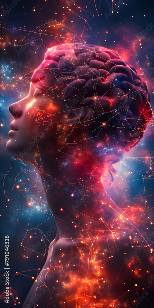 A surreal depiction of a person with the galaxy merging with her brain, denoting the boundless potential of human thought