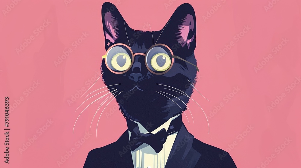 Animated portrayal of an exotic cat as a debonair secret agent, glasses on, in a tuxedo, ready for an undercover mission