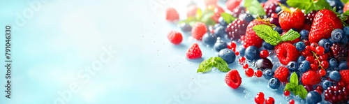 Close-up of ripe strawberries  blueberries  and blackberries mid-air with a splash of water  creating a fresh and dynamic scene of summer fruits