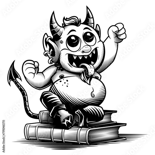 Cute little devil. Vector illustration in engraving technique of small silly devil monster with funny face.