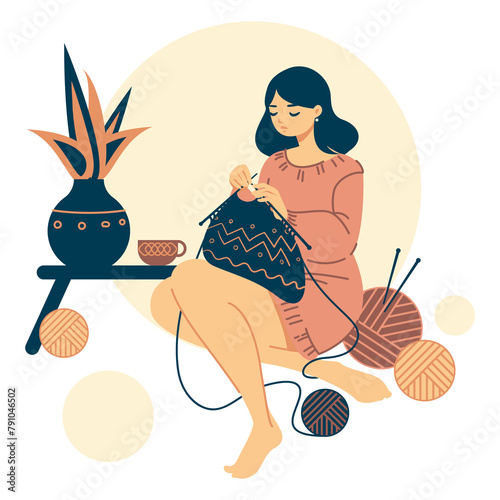 Knitting woman. Vector illustration in modern flat technique of female sitting and knitting clothing.