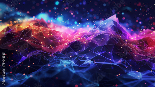 A geometric nebula of neon colors, sprawling across a low poly cosmos, illustrating the vastness of digital networks photo