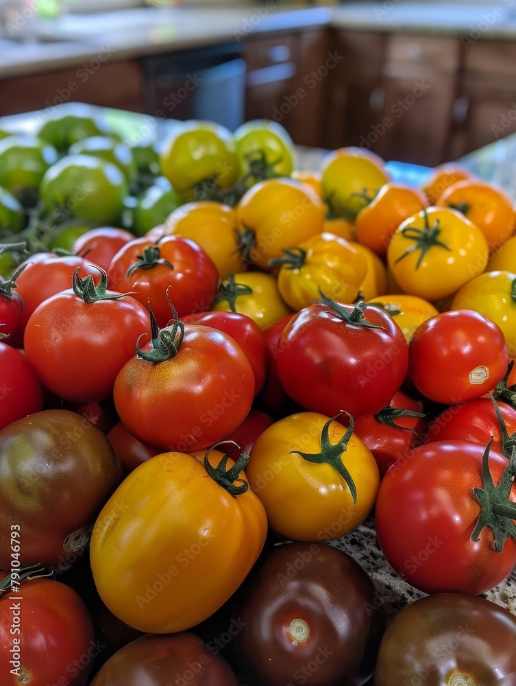 Vibrant image featuring a variety of tomatoes in hues of red, yellow, and green, freshly picked and placed on a kitchen countertop