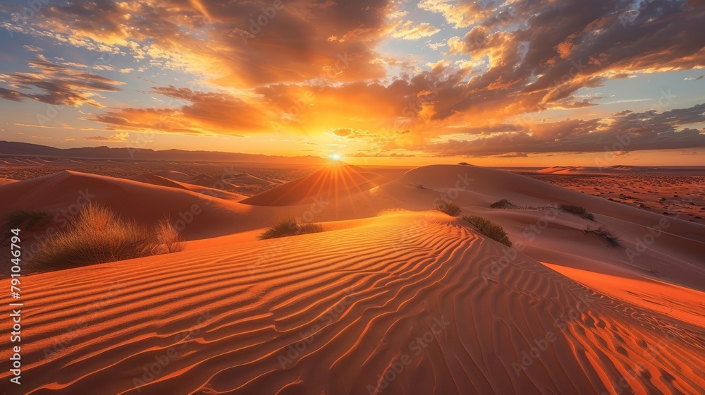 Desert at sunset, long shadows on dunes, golden hour light, low angle, high clarity