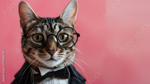 Close-up of an exotic cat with an air of intelligence, wearing round glasses, peering over the rims, tuxedo perfectly fitted