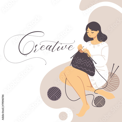 Knitting woman. Vector illustration in modern flat technique of female sitting and knitting clothing.