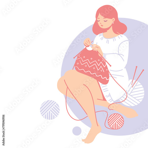 Knitting woman. Vector illustration in modern flat technique of female sitting and knitting clothing.