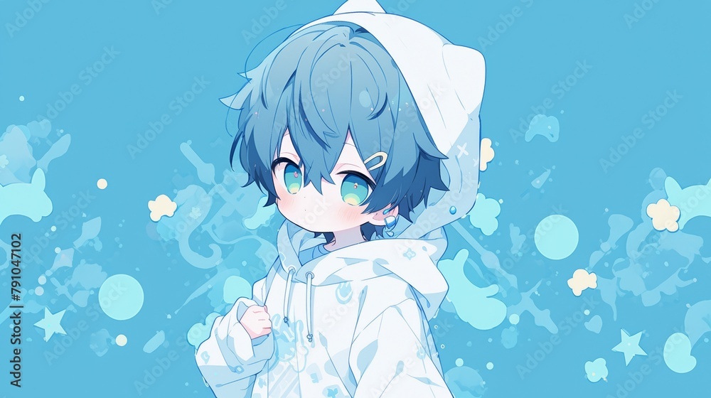medium shot of 2.5d cute anime boy with blue backgroun