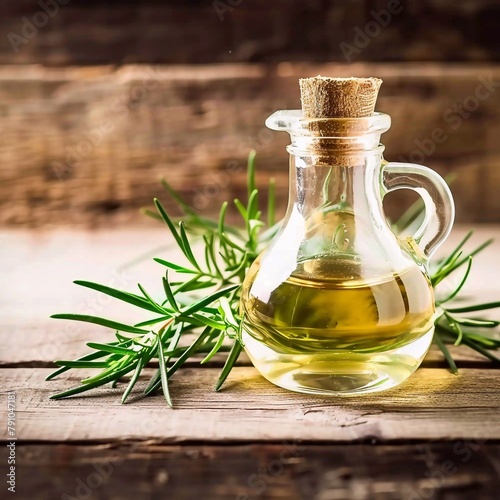 Bottles of essential oil with rosemary leaves on wooden table background. Aromatherapy oil spa massage concept