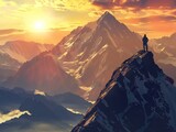Rugged mountain peak with climber silhouetted against sunrise