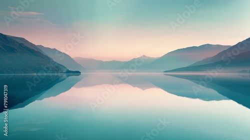 Serene mountain lake at dawn  mirror-like reflection  soft pastel sky  eye-level  tranquil clarity