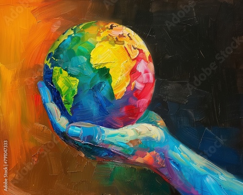Painting of a single hand with rainbow-colored skin, holding a globe