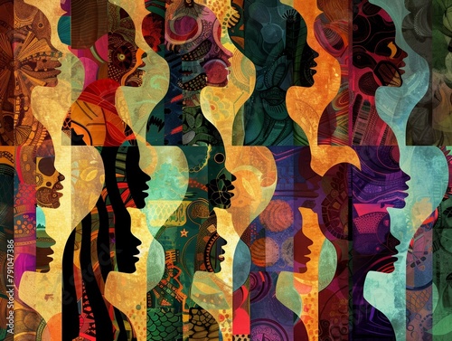 Silhouettes of individuals from various ethnicities, filled with abstract art details that tell unique cultural stories photo